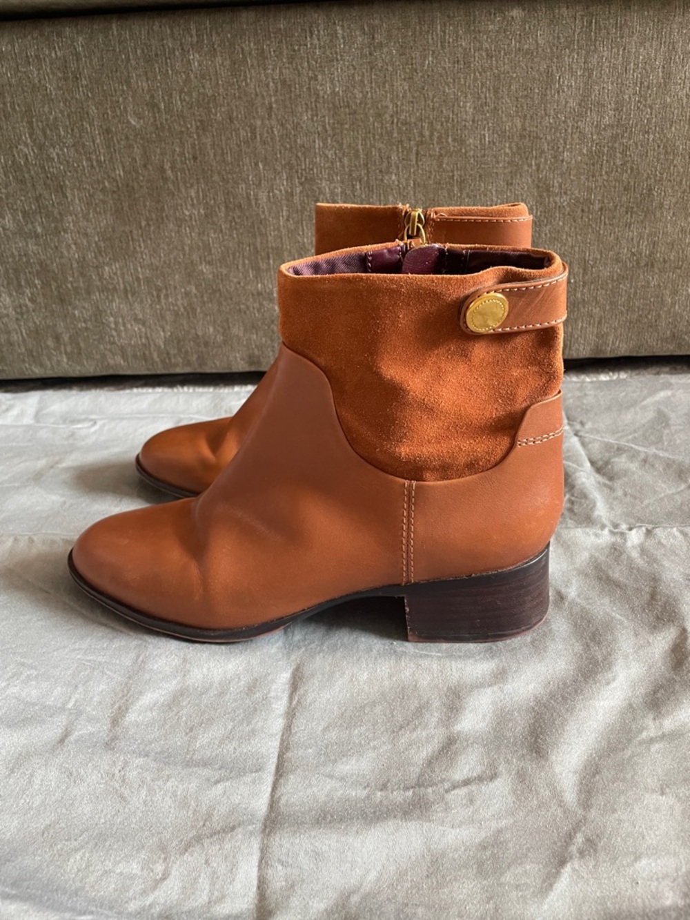 Franco Sarto “Jessica” Tan Leather & Suede Ankle Boots with Gold Accent